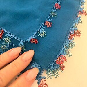 Traditional Collectable New  Turkish Oya Scarf Blue and Rose Handmade Lace